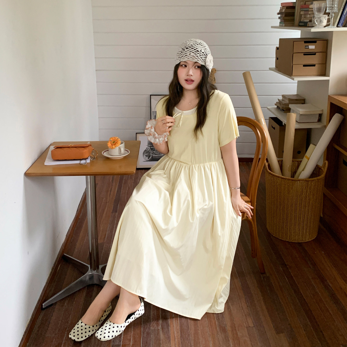 YUZI鱼子法式A字连衣裙奶黄高腰线藏肉显瘦收腰长裙微胖大码女装