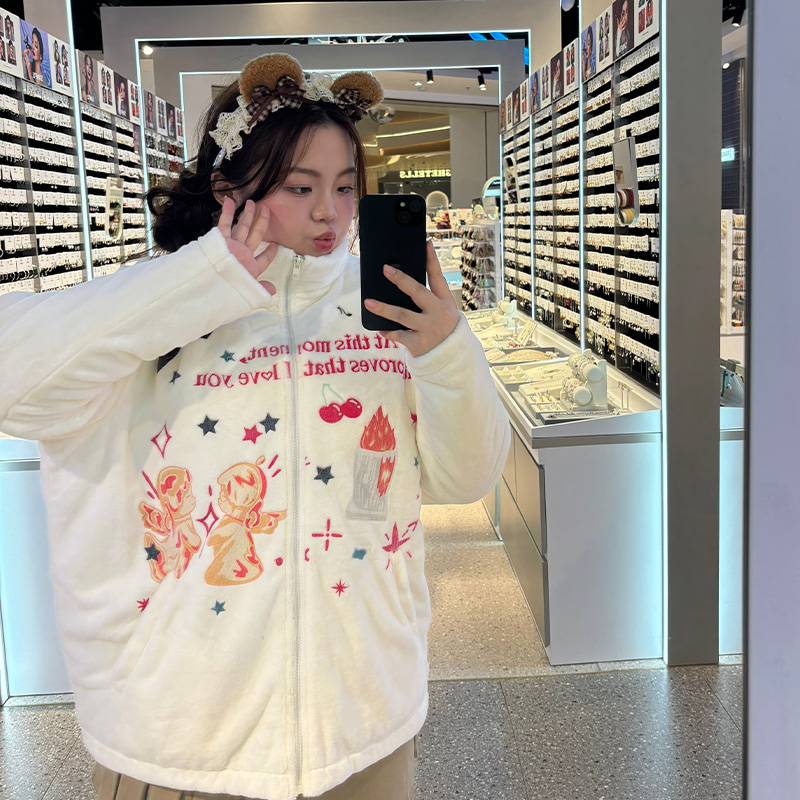 YUZI鱼子毛绒印花棉服外套御寒