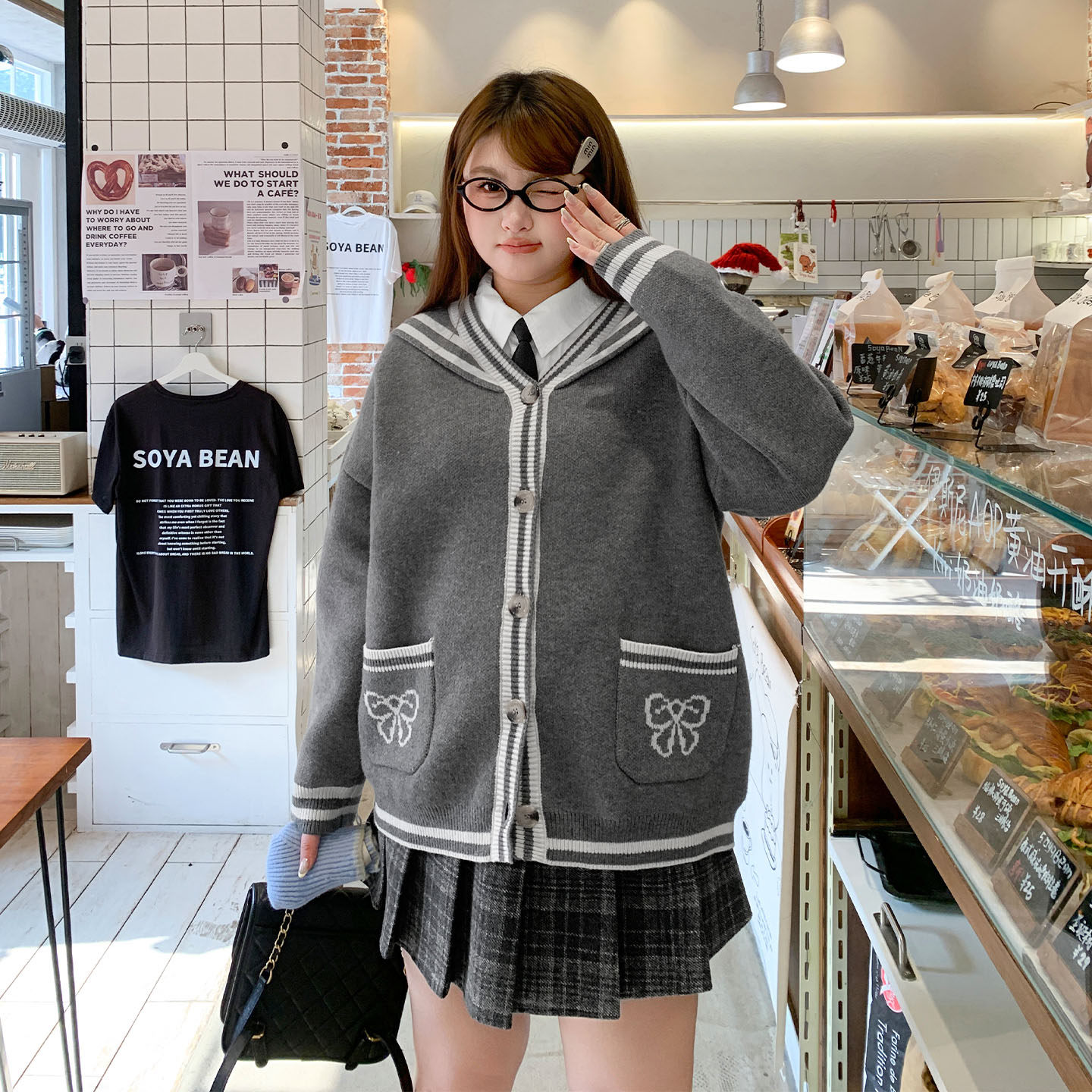 YUZI鱼子学院风海军领针织开衫显瘦甜美毛衣外套灰色通勤大码女装,女装/女士精品,常规大码外套,淘宝优惠券,粉丝福利购,淘宝优惠卷