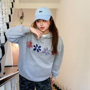 YUZI鱼子花灰色加绒卫衣连帽花朵刺绣甜酷oversize甜酷大码女装