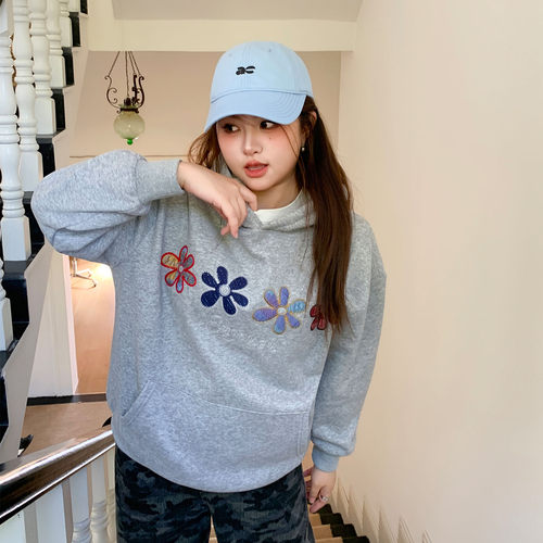 YUZI鱼子花灰色加绒卫衣刺绣大码