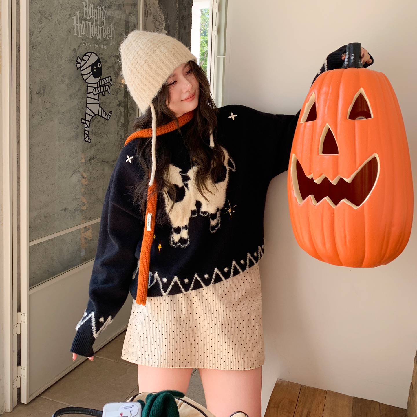 YUZI鱼子小羊提花黑色针织毛衣