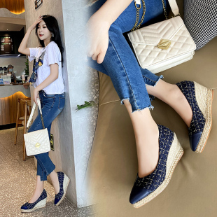 韩版 浅口草编高跟鞋 百搭尖头鞋 女春季 小香风 厚底坡跟单鞋 2020新款