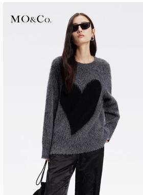 MOCO春秋撞色爱心含羊驼毛羊毛软糯绒感慵懒红色毛衣女秋冬红色