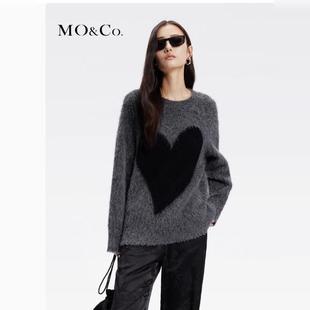 MOCO春秋撞色爱心含羊驼毛羊毛软糯绒感慵懒红色毛衣女秋冬红色