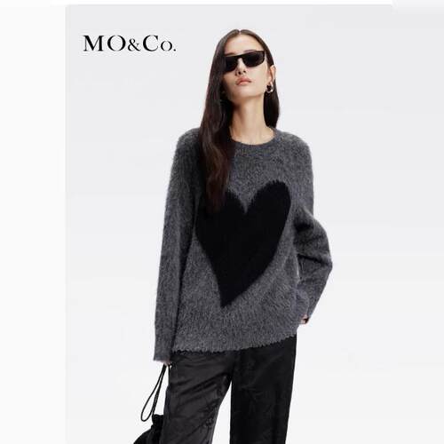 撞色爱心含羊驼毛红色毛衣女