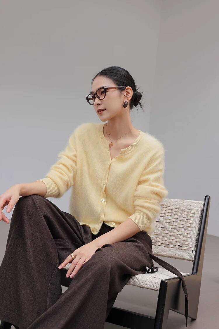 酒窝定制黄色拉毛软糯羊毛毛衣开衫女2025年春秋新款百搭针织上衣