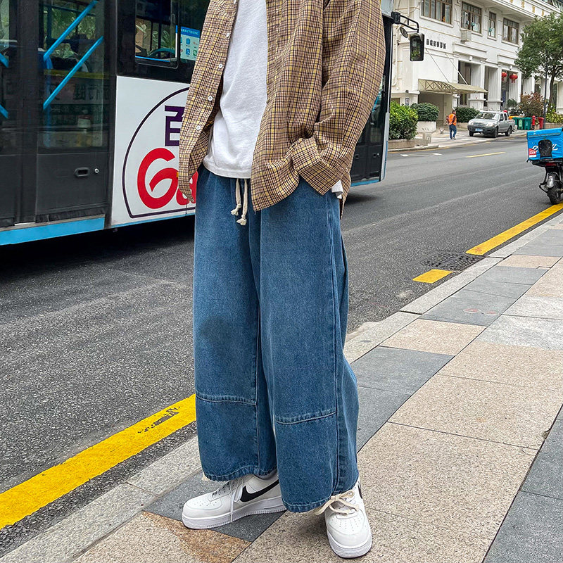 大裤脚复古直筒牛仔裤男女宽松显瘦束脚韩版阔腿裤T图片
