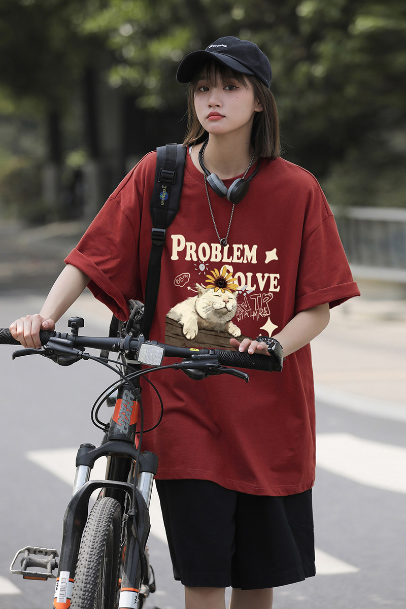 慵懒风小猫咪印花休闲宽松打底衫美式vibe纯棉短袖T恤HY574TP20,男装T恤,电商A102B