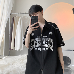 日系复古开衫外套棒球服夏季宽松衬衣cityboy短袖HY332TP45控69,橙格子衬衣搭配马甲图片