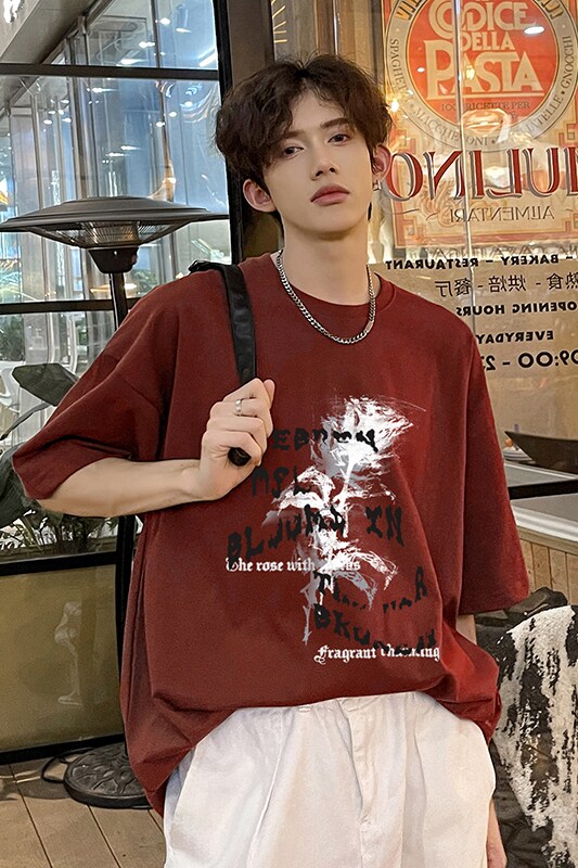 男女同款玫瑰花短袖多色纯棉印花打底衫夏季情侣HY560TP25控39,男装T恤,电商A102B