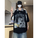 半拉链韩版立领人物印花T恤拼接设计款宽松休闲短袖HY540TP38，男装卫衣，电商A102B
