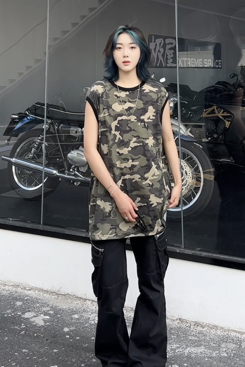 韩版迷彩打底背心男女同款潮流纯棉宽松休闲圆领无袖T恤HY572TP28,男装T恤,电商A102B