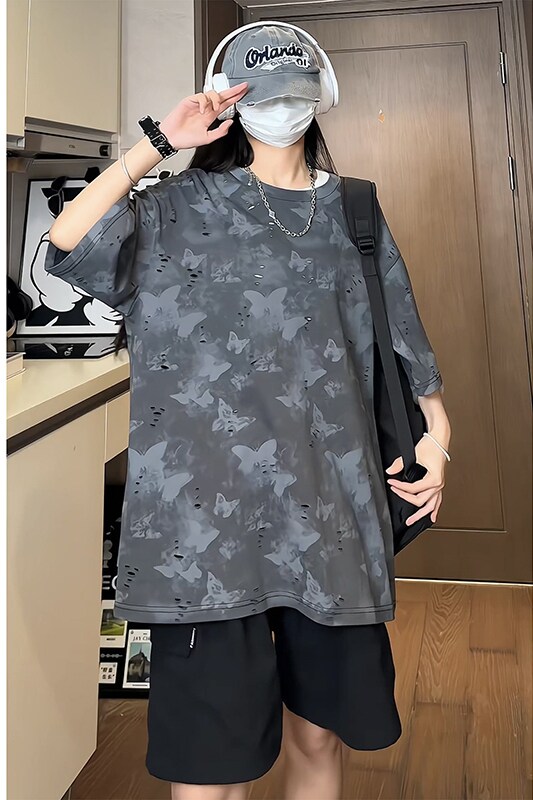 蝴蝶破洞短袖美式高街百搭款圆领纯棉休闲短袖打底衫HY556TP38,男装T恤,电商A102B