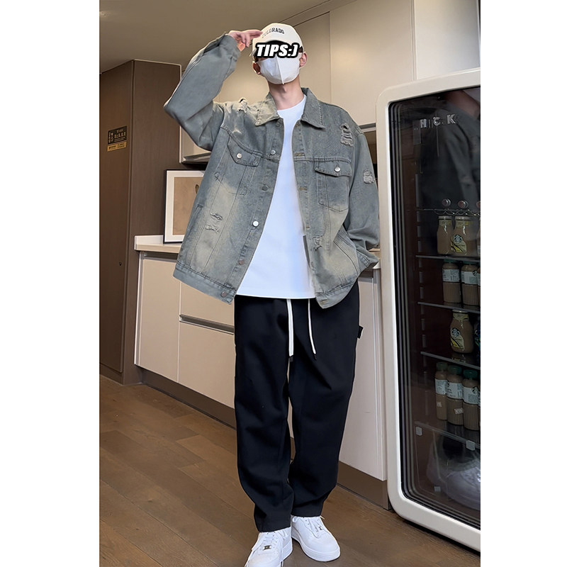 美式牛仔外套男新款高级感破洞牛仔工装夹克衫HY481TP65控98图片