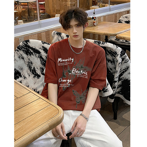 美式高街蝴蝶短袖男女同款多色纯棉印花打底衫HY561TP25控39图片