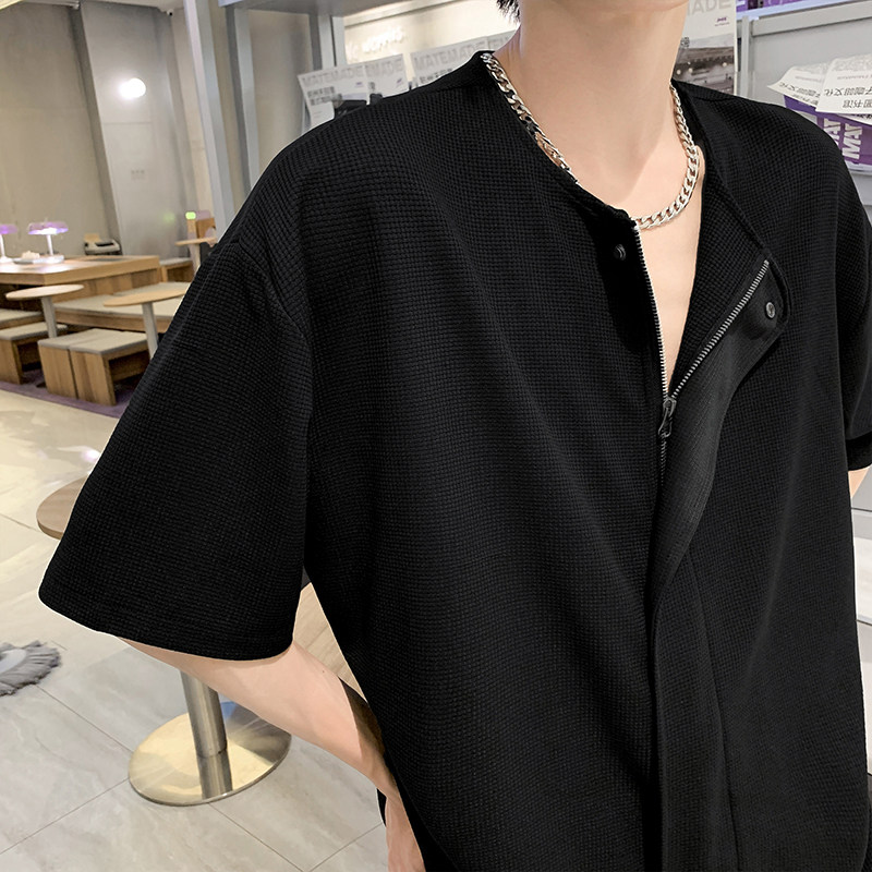 韩版开衫衬衣小众纯色短袖t恤衫夏季宽松外套衬衫HY537TP38控59,男装T恤,电商A102B