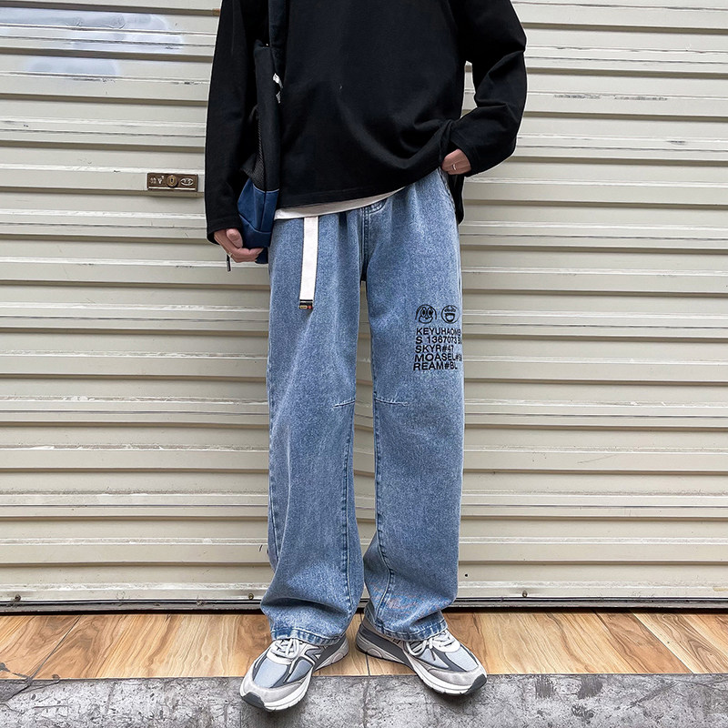 印花牛仔裤男高街潮牌裤子自带皮带宽松直筒裤老爹裤T图片