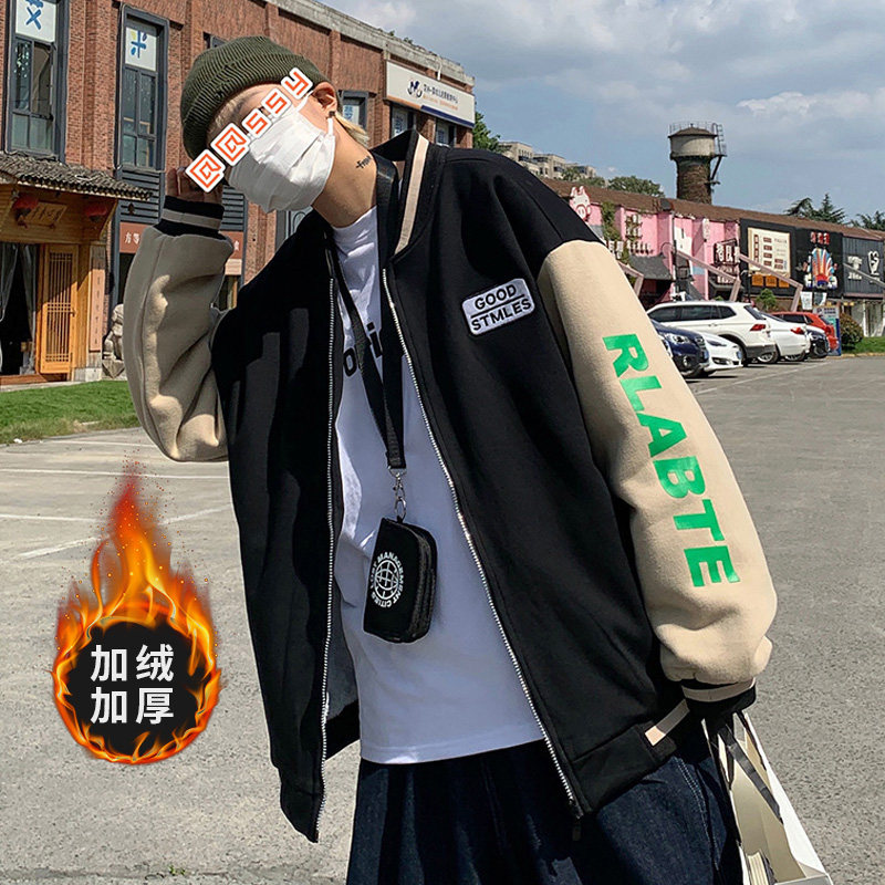 新款拼接撞色加厚棉衣宽松防寒立领加绒棒球服外套HY21P85控98图片