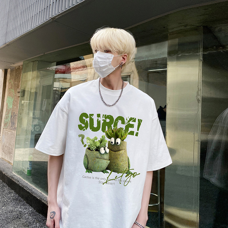 美式高街oversize圆领打底衫多肉植物印花时尚纯棉T恤HY571TP20,男装T恤,电商A102B