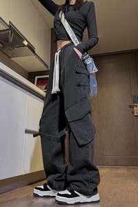 美式高街vibe潮牌休闲宽松牛仔裤情侣直筒长裤K431P65控89图片