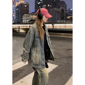 潮牌破洞牛仔工装夹克衫情侣款美式高级感牛仔外套HY481TP65控98图片