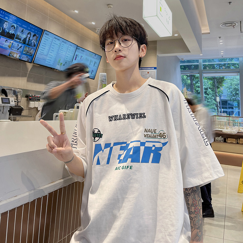 潮牌字母美式拼接机车服短袖2024男女宽松圆领T恤HY165TP35控48,男装T恤,电商A102B