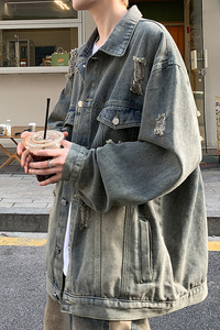 ins风破洞牛仔夹克衫痞帅宽松潮牌学生外套韩版上衣HY481TP65控98图片