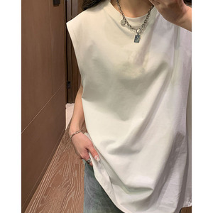 夏天纯色背心男女同款韩版宽松打底无袖T恤宽松汗衫ins潮HY48TP15,模特日常穿搭夏天图片