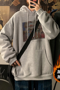 男装加绒加厚连帽灰色卫衣秋冬潮牌简约宽松外套帽衫HY20TP55控68图片