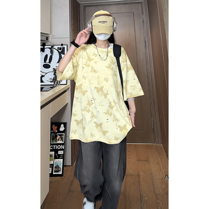 百搭款蝴蝶破洞高街短袖美式圆领纯棉休闲短袖打底衫HY556TP38图片