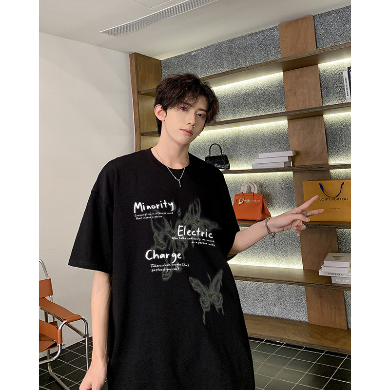 美式高街蝴蝶短袖男女同款多色纯棉印花打底衫HY561TP25控39,男装T恤,电商A102B
