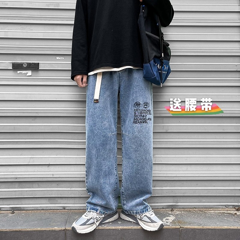 字母印花裤子男ins潮牌宽松直筒嘻哈高街牛仔裤炸街T图片
