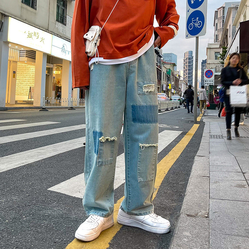 港风复古补丁乞丐牛仔裤男青年街头潮流宽松直筒阔腿K109P55控78,男装牛仔裤,电商A102B