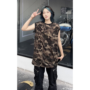 韩版男女同款迷彩打底背心潮流纯棉宽松休闲圆领无袖T恤HY572TP28图片