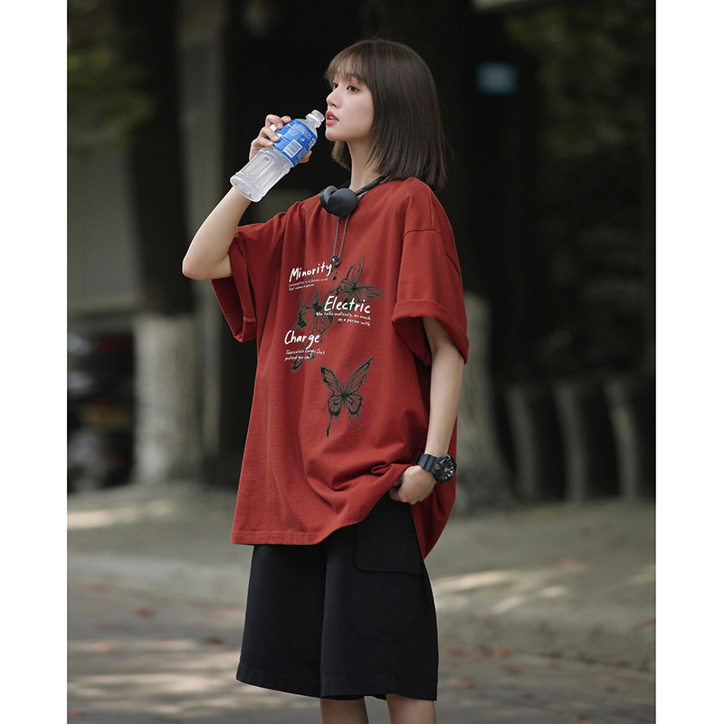 男女同款纯棉打底衫美式高街多色圆领蝴蝶印花短袖HY561TP25控39图片