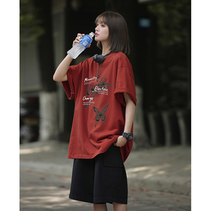 男女同款纯棉打底衫美式高街多色圆领蝴蝶印花短袖HY561TP25控39图片