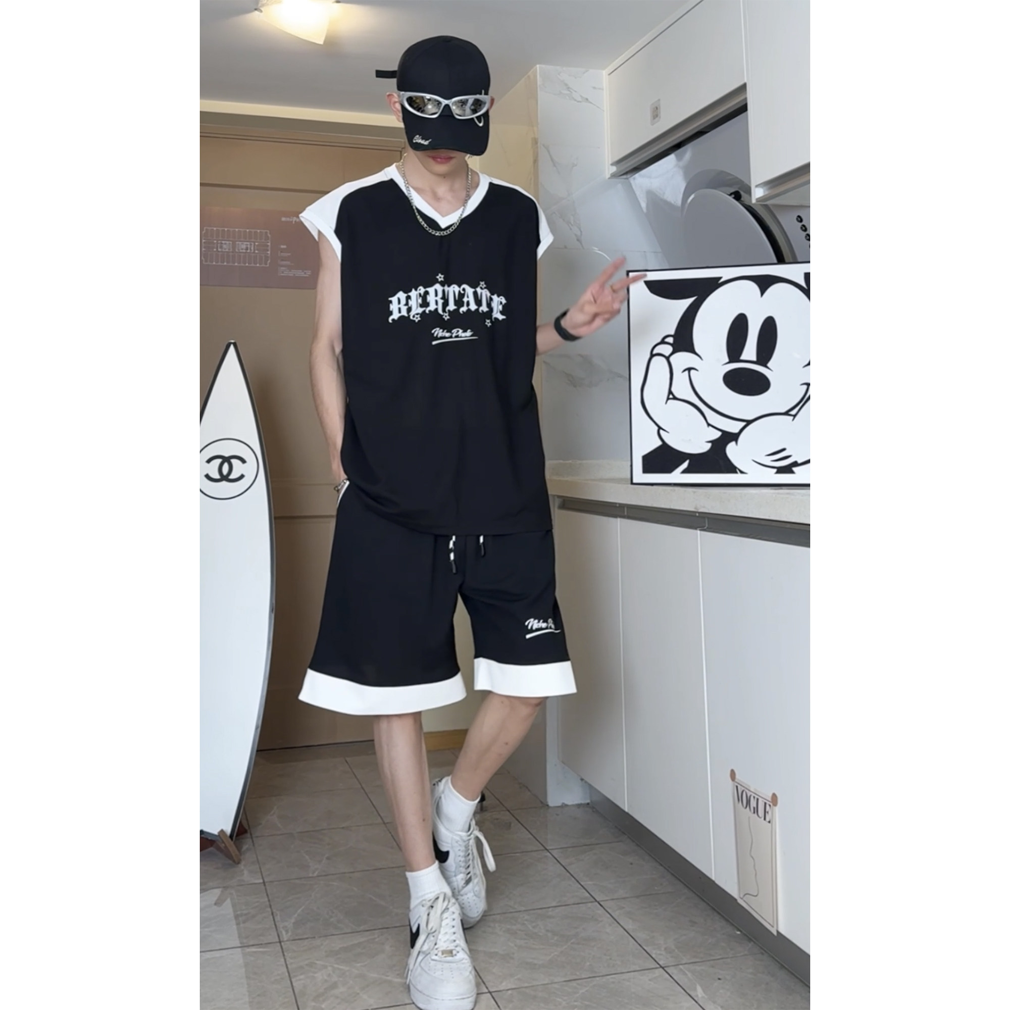 美式外穿篮球运动服套装oversize潮流无袖宽松休闲运动服T13TP55,男装休闲套装,电商A102B