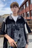 拼接设计短袖宽松短袖韩版立领半拉链T恤人物印花情侣款HY540TP38，男装卫衣，电商A102B