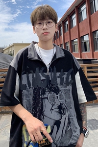 拼接设计短袖宽松短袖韩版立领半拉链T恤人物印花情侣款HY540TP38图片