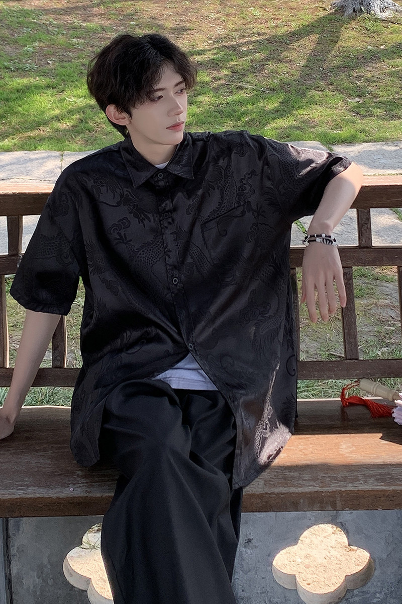 新中式男装风龙纹提花衬衫改良版唐装短袖衬衣HY518TP38控58,男装衬衫,电商A102B