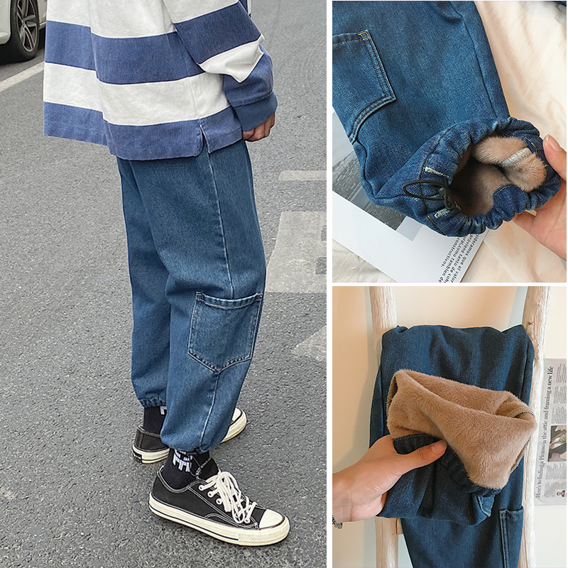 Simple Plush jeans new fashion Multi Pocket side pocket straight leg binding pants