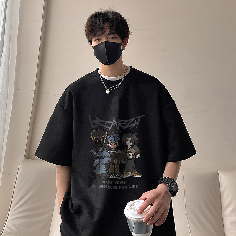 美式复古印花麂皮绒短袖T恤男夏季宽松百搭潮流体恤HY314TP35控58图片