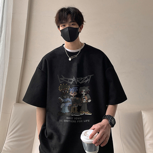 美式复古印花麂皮绒短袖T恤男夏季宽松百搭潮流体恤HY314TP35控58图片
