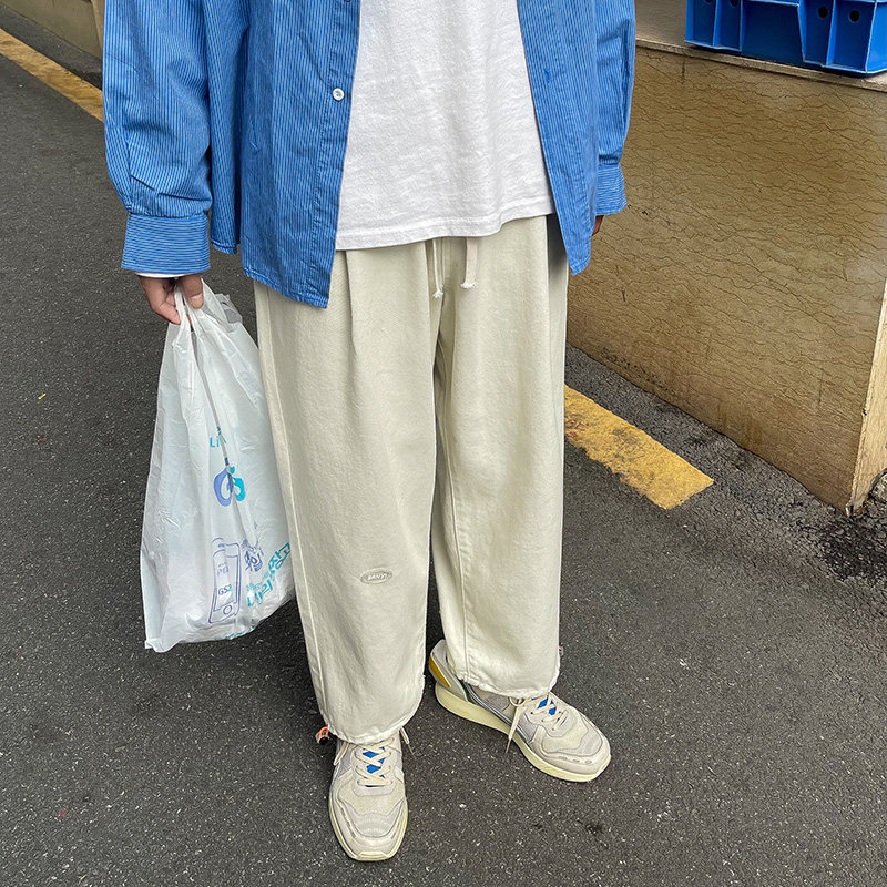 日系复古牛仔裤休闲老爹裤贴标简约松紧腰直筒长裤K105TP45控58图片