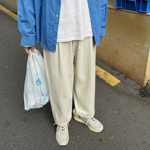 日系复古牛仔裤休闲老爹裤贴标简约松紧腰直筒长裤K105TP45控58图片