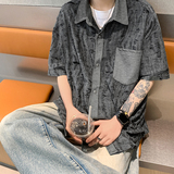 潮牌高级设计感短袖开衫衬衣美式复古破洞衬衫HY527TP38控59，男装衬衫，电商A102B
