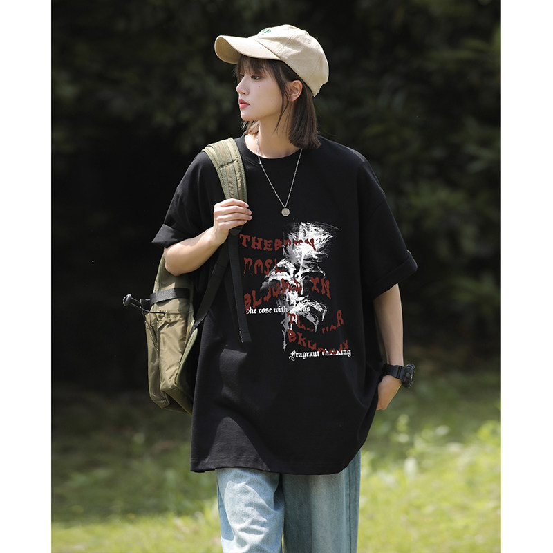 美式夏季男女同款玫瑰花短袖多色纯棉印花打底衫HY560TP25控39,男装T恤,电商A102B