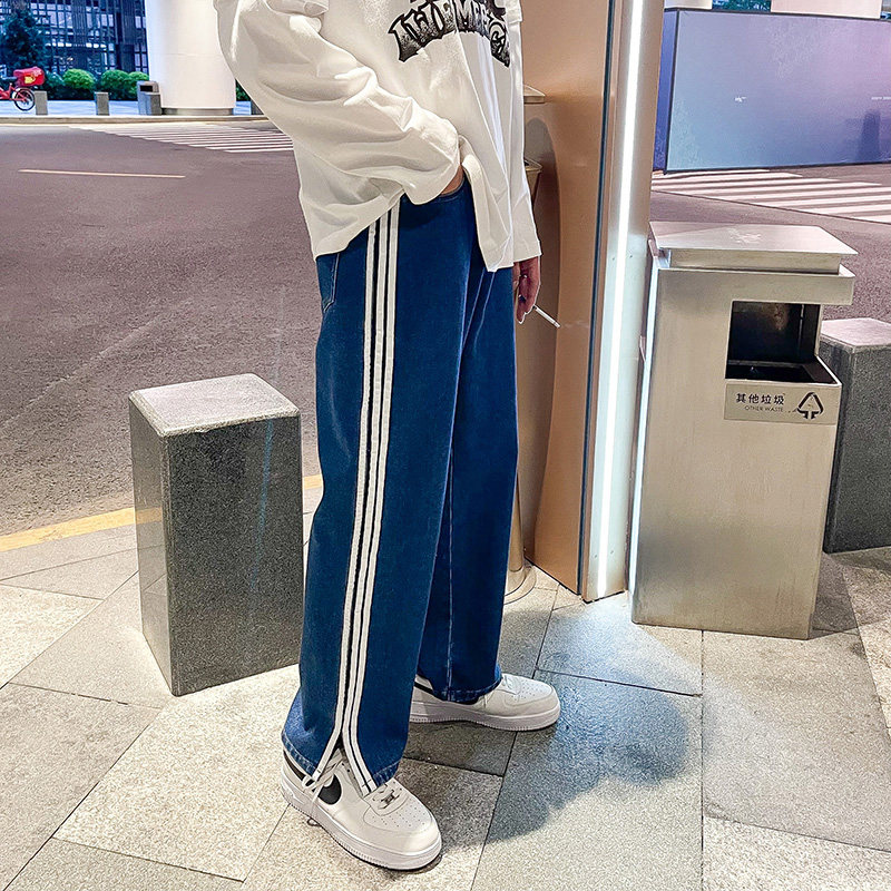 三杆经典牛仔裤开叉设计男女潮牌直筒宽松INS拖地裤图片