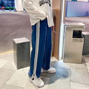 三杆经典牛仔裤开叉设计男女潮牌直筒宽松INS拖地裤图片